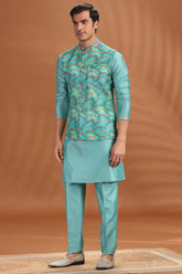 Turquoise Blue Silk Kurta Pajama with Printed Jacket
